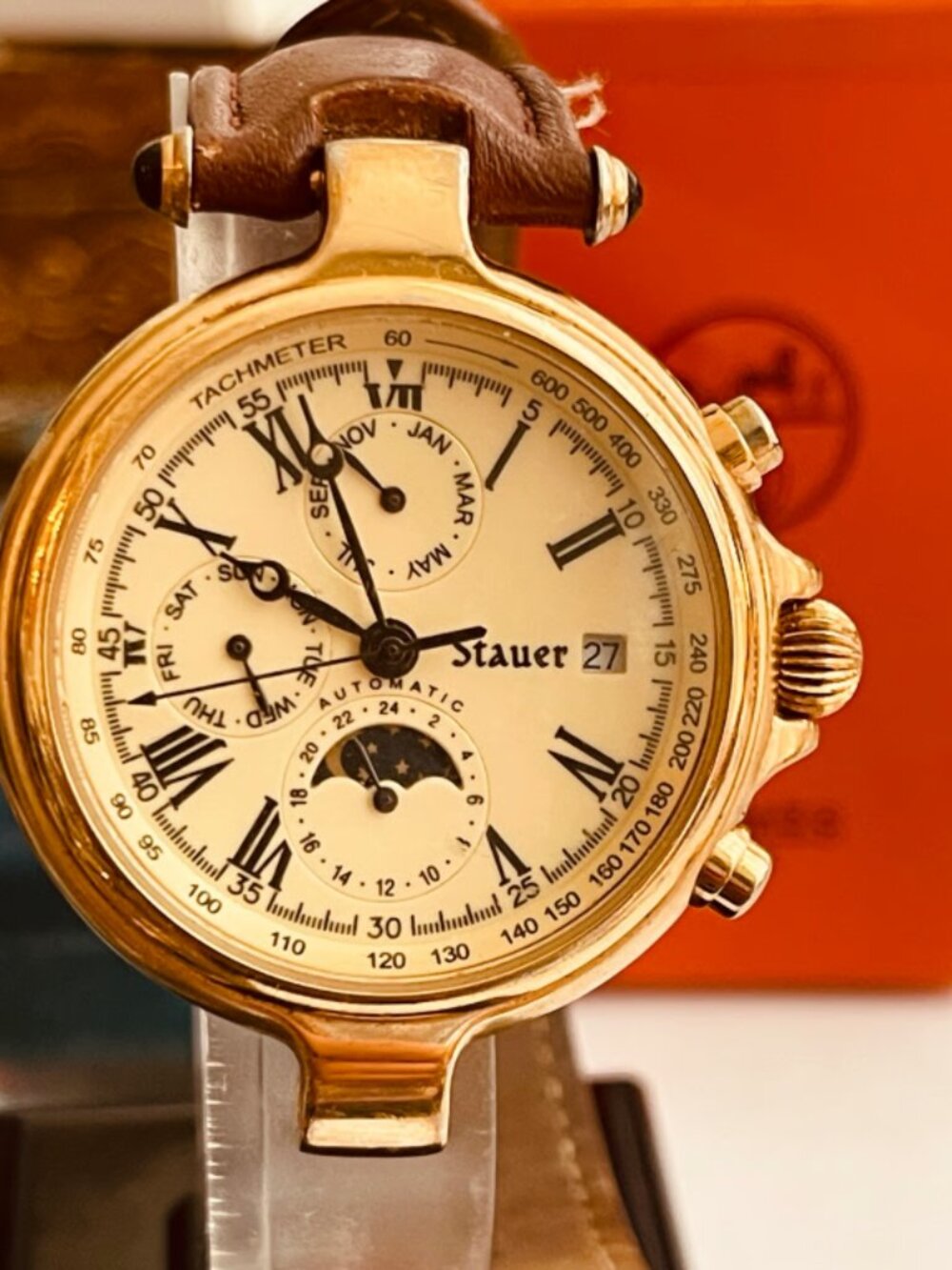 Mens Stauer Graves Triple Calendar Moonphase Watch Automatic Working